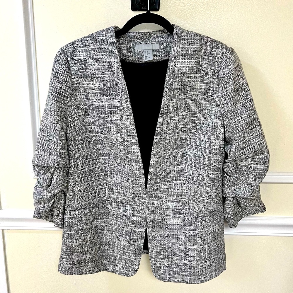 H&M Black/White Textured 3/4 Sleeve Blazer